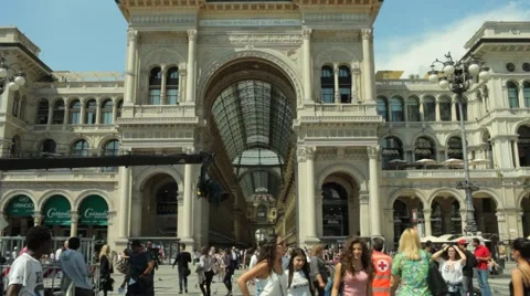 Camera Crane panning in front of Vittorio Emanuele Gallery, Milan Stock Footage 63986178