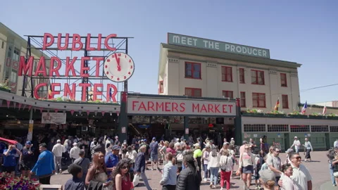 Camera Cranes Upward Past Pike Place Market Entrance Sign Stock Footage 341338124