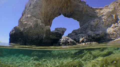 Camera crosses the water surface, at the same time shows a rocky bottom and Stock Footage 178441380