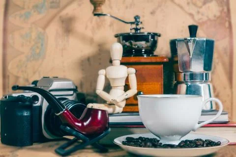 Camera  cup coffee Coffee grinder Stock Photos