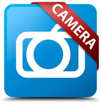Camera cyan blue square button red ribbon in corner Stock Illustration