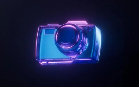 Camera with dark neon light effect, 3d rendering. イラスト素材