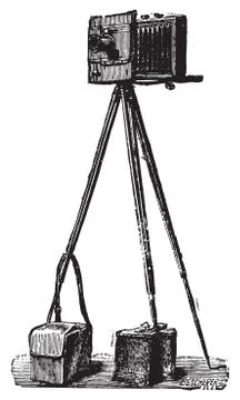 Camera Derogy deployed, ready to run, vintage engraving. Stock Illustration