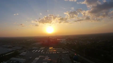 Camera descends revealing tower during beautiful sunrise Video stock 43737761