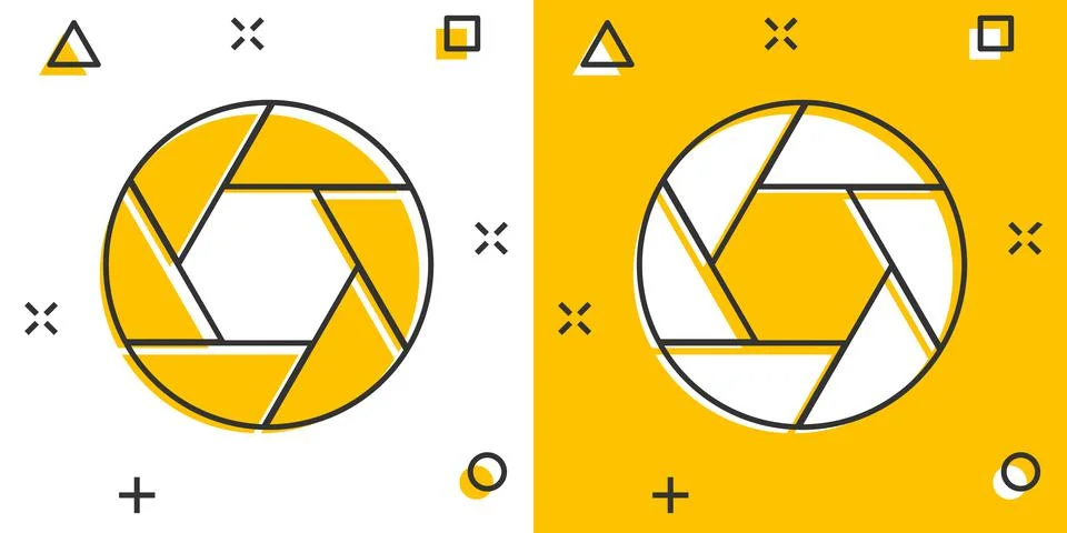Camera diaphragm icon in comic style. Lens cartoon sign vector illustration o Ilustração Stock