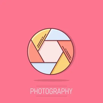 Camera diaphragm icon in comic style. Lens cartoon sign vector illustration.. 스톡 일러스트