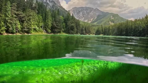 Camera dive into the lake, rocky mountains and forest in the background. Half Stock Footage 247620296