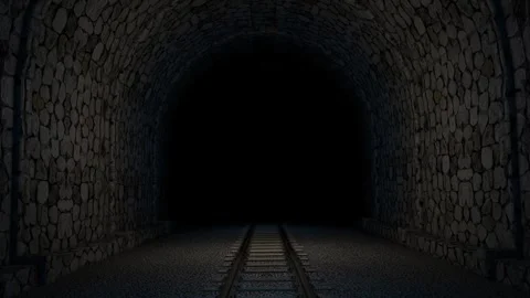 Camera dolly animation of dark tunnel with train tracks and stone walls. Stock Footage 256079253