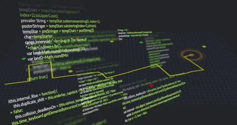 Camera dollying forward, code panels rotating and yellow path drawing nodes to Stock Footage 329122684