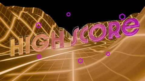 Camera dollying forward HIGH SCORE letters shifting, purple rings orbiting, Vídeo Stock 337905037