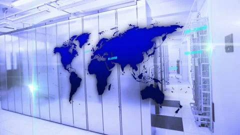 Camera dollying right while blue map pulsing over data center racks, cyan labels Vidéo 332936734