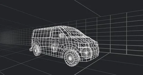 Camera dollying, wireframe passenger van showing polygon mesh, edge loops, spoke Stock Photos
