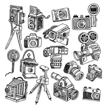 Camera doodle sketch icons set Stock Illustration