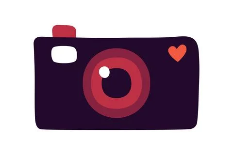 Camera doodle style. Flash heart. Photograph. Front view of DSLR camera. Lens of Illustrazione stock