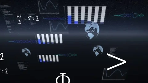 Camera drifting forward revealing tech demo HUD with bars filling, globes 動画素材 332746889