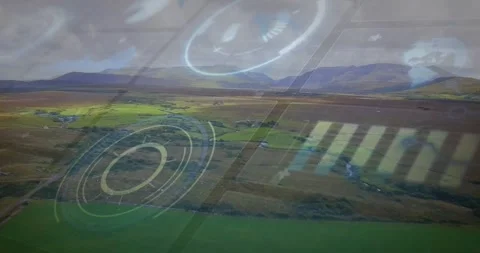 Camera drifting, HUD overlay animating over farms, rings rotating, marker 库存影片 332275649