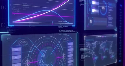 Camera drifting over neon UI panels, animating charts, updating globe, scrolling Stock Footage 329455071