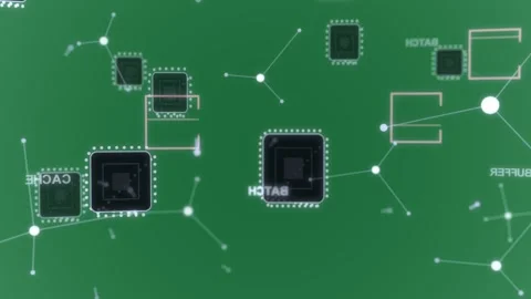 Camera drifting, zooming, hub node sending pulses, showing active data flow on Stock-Footage 329503384