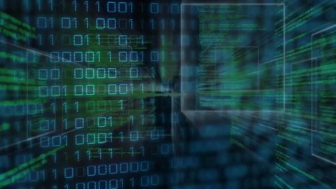 Camera driving tunnel with glowing frames streaming binaries and green code Stock Footage 317369238