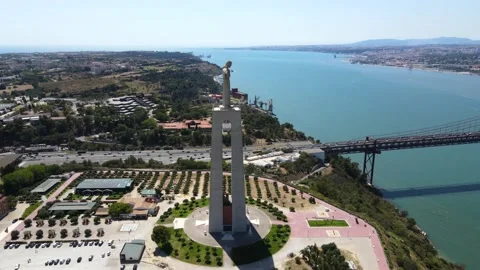 A camera drone flies around the Sanctuary of Christ the King in Lisbon Stock Footage 202015560