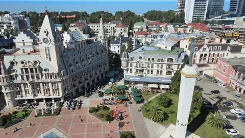 A camera drone flies sidewise over Europe Square Stock Footage 236762287