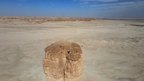 A camera drone is flying ahead and above Judah Thumb, also known as Devil's Thum Stock Footage 265013602