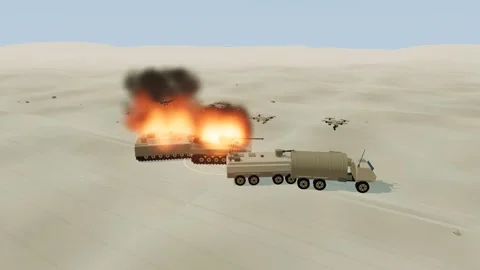 Camera drone releases a munition over a vehicle column in daylight Stockbeeldmateriaal 342368006