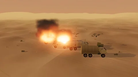 Camera drone releases a munition over a vehicle column at golden hour 스톡 동영상 342368058