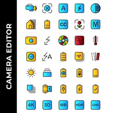 Camera editor icon set include camera,flash,photo filter,power,resolution,gal Stock Illustration