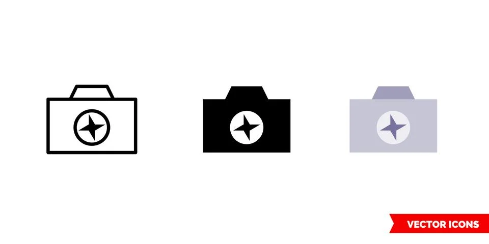 Camera enhance icon of 3 types color, black and white, outline. Isolated vect Stock Illustration