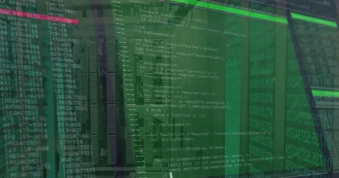Camera entering server aisle causing code overlay emerging, expanding while Stock Footage 312897394