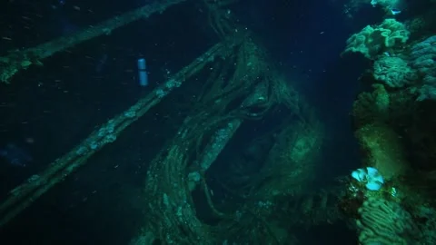 The camera enters the wreck of a ship. Stock Footage 325733479