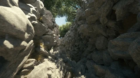 Camera exploring a 3d rocky passage with trees beautiful landscape loop Stock Footage 102894531