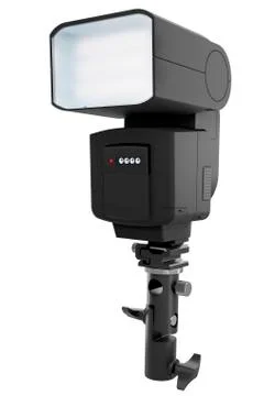 Camera external flash speedlight on stand isolated on white background. Foto stock