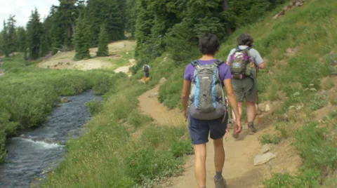 Camera fallows hikers along a stream Stock Footage 58958089