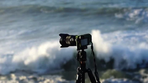 Camera filming huge waves hitting the cliff and exploding Stock Footage 148173628