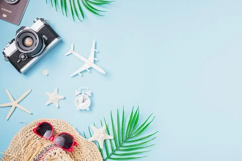 Camera films, airplane, starfish, shells, hat traveler tropical accessories Stock Photos