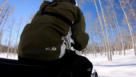 Camera is fixed on motor sledge and shoots as man drives the snowmobile. Video stock 108940839