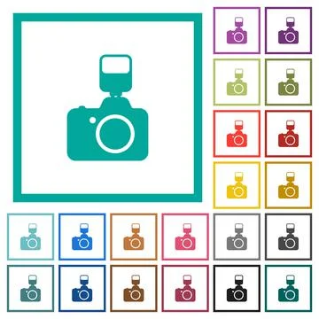 Camera with flash flat color icons with quadrant frames Stock Illustration