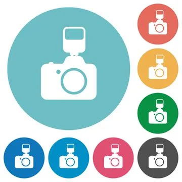 Camera with flash flat round icons Stock Illustration