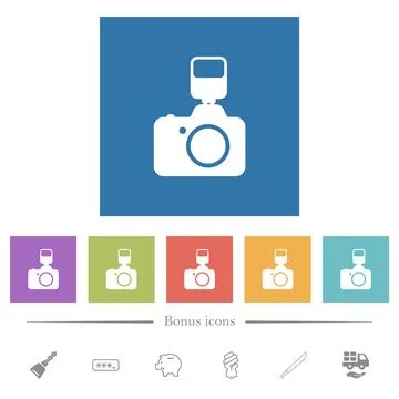 Camera with flash flat white icons in square backgrounds Stock Illustration