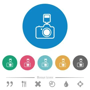 Camera with flash outline flat round icons Stock Illustration