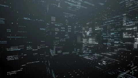 The camera flies 360 degrees around the code of a computer program in virtual Stock Footage 117418183