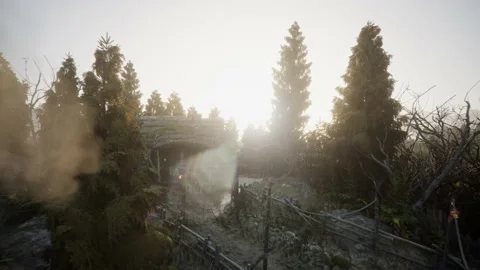 Camera flies above an ancient medieval village in sunset Stock Footage 226984036