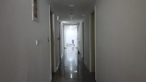 The camera flies along the white corridor. Stock Footage 120734852