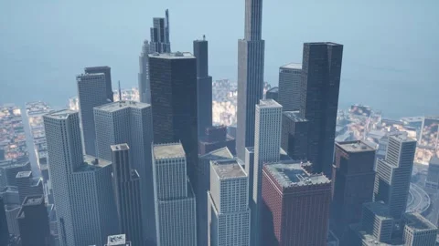 The camera flies around the center of a modern metropolis on a clear sunny day. Stock Footage 258638143