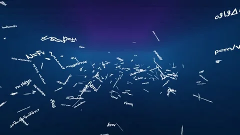 Camera flies around flying physics formulas on blue background. 3d render animat Video stock 300845021