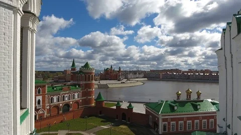 The camera flies away from the chapel and Church Stock Footage 93663690
