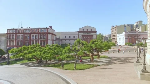 Camera flies backwards through arcs of Odessa Opera and Ballet Theater Stock Footage 100982452