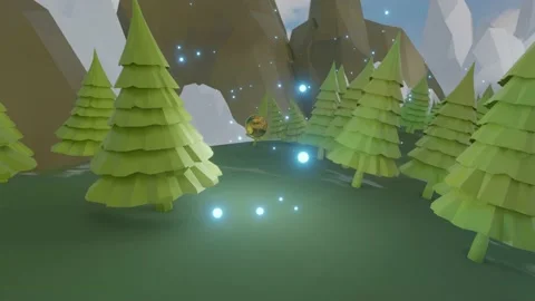 The camera flies behind the golden sphere in a low poly landscape with trees and Video stock 155565737